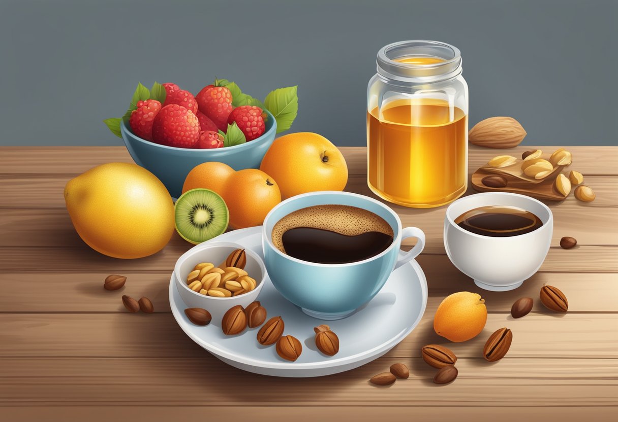 A cup of coffee surrounded by a bowl of fresh fruits, a plate of nuts, and a jar of honey on a wooden table