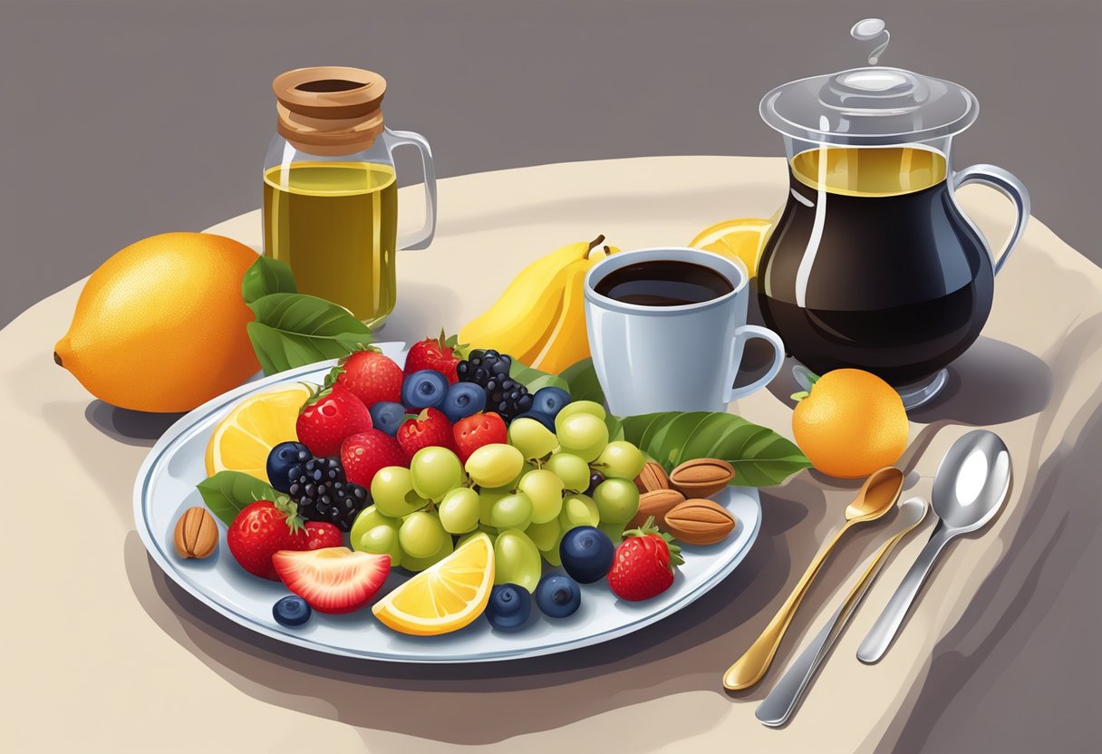 A table set with a cup of coffee surrounded by fresh fruits, nuts, and a small dish of olive oil