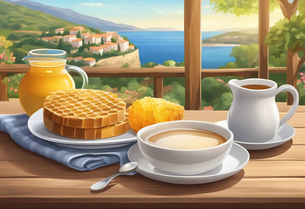 A cup of coffee with a small pitcher of almond milk and a bowl of natural honey on a wooden table, surrounded by fresh fruits and a Mediterranean landscape in the background