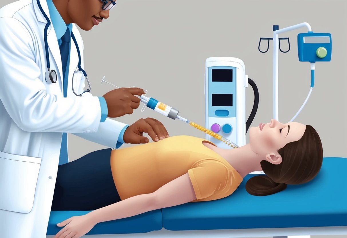 A doctor administers an epidural injection into the spine of a patient lying on a medical table. The patient's back is exposed, and medical equipment is present