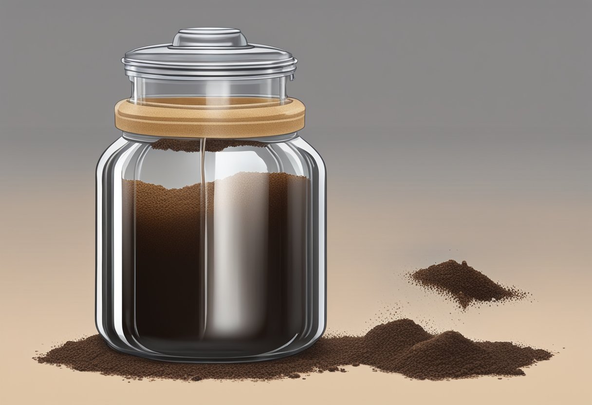 A clear glass jar filled with vinegar and coffee grounds, with the grounds slowly dissolving into the liquid