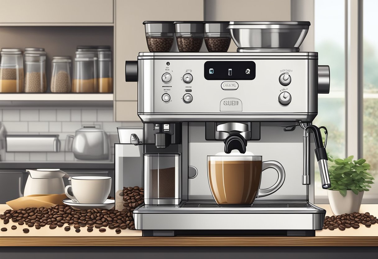 A cozy kitchen with a sleek, modern coffee machine on the counter, surrounded by bags of freshly ground coffee beans and steam rising from a freshly brewed cup