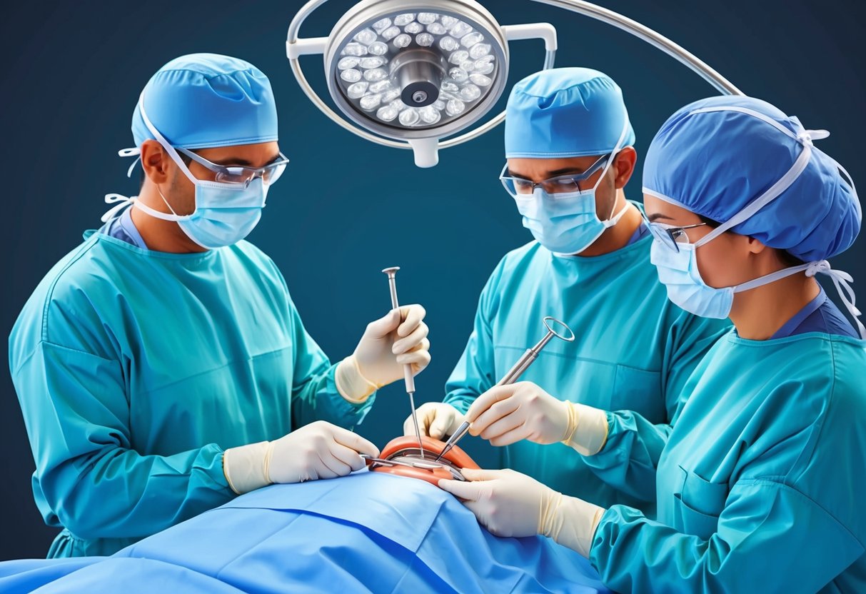 A surgical team performing a procedure to address foraminal stenosis on a patient. The surgeon uses specialized tools to access and treat the affected area