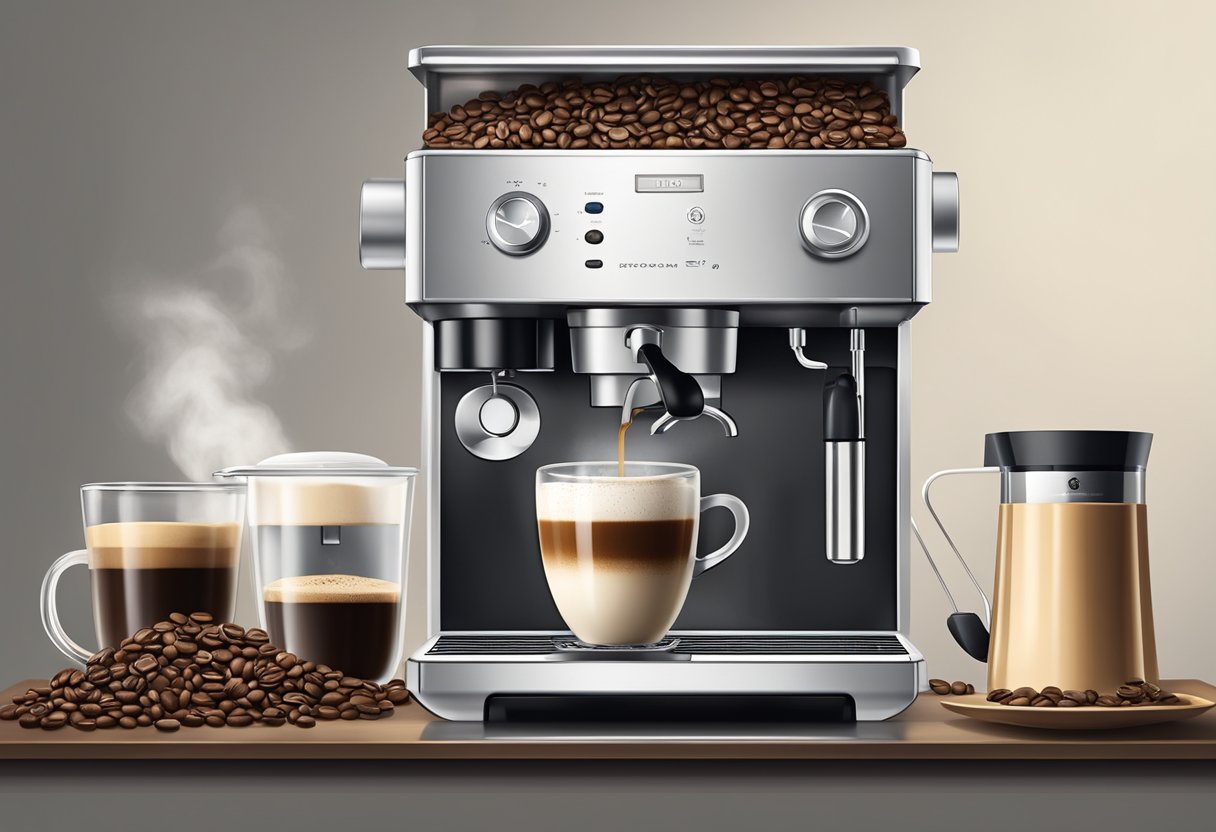 A modern kitchen counter with a sleek coffee machine, surrounded by freshly ground coffee beans, a steaming cup of espresso, and a frothy cappuccino