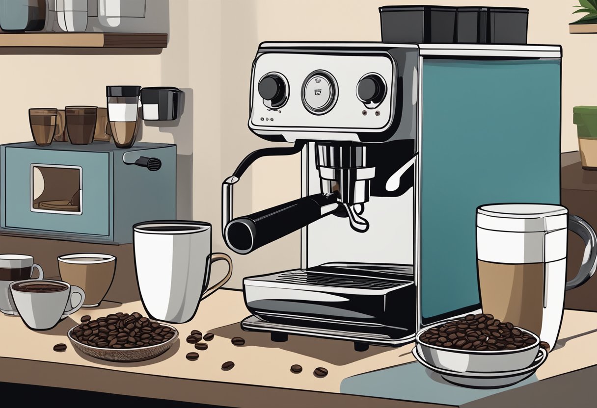 A sleek coffee machine surrounded by various coffee beans and a steaming cup, with a group of models reviewing and discussing its features