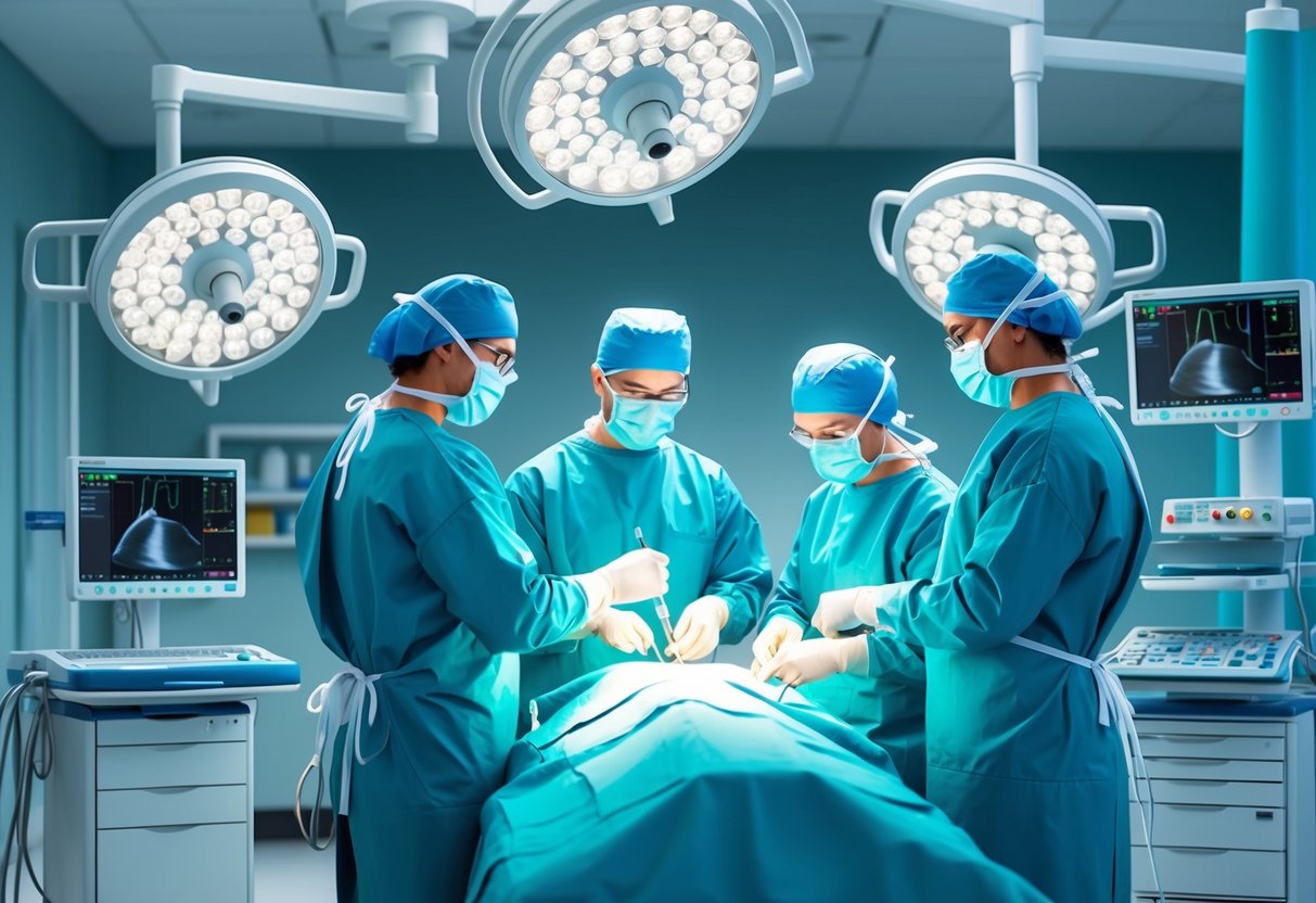 A surgical team performing a minimally invasive procedure to address foraminal stenosis, with medical equipment and monitors in the operating room