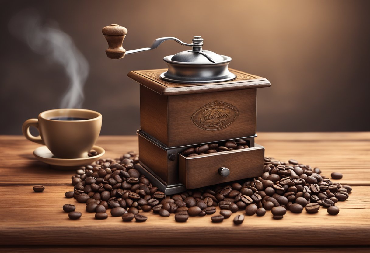 A steaming cup of French roast coffee sits on a rustic wooden table, surrounded by coffee beans and a vintage coffee grinder