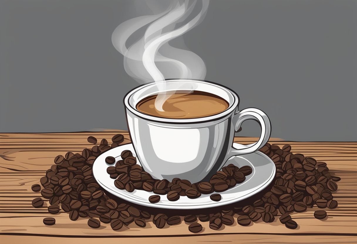 A steaming cup of French roast coffee sits on a rustic wooden table, surrounded by dark, roasted coffee beans and the aroma of rich, bold flavor