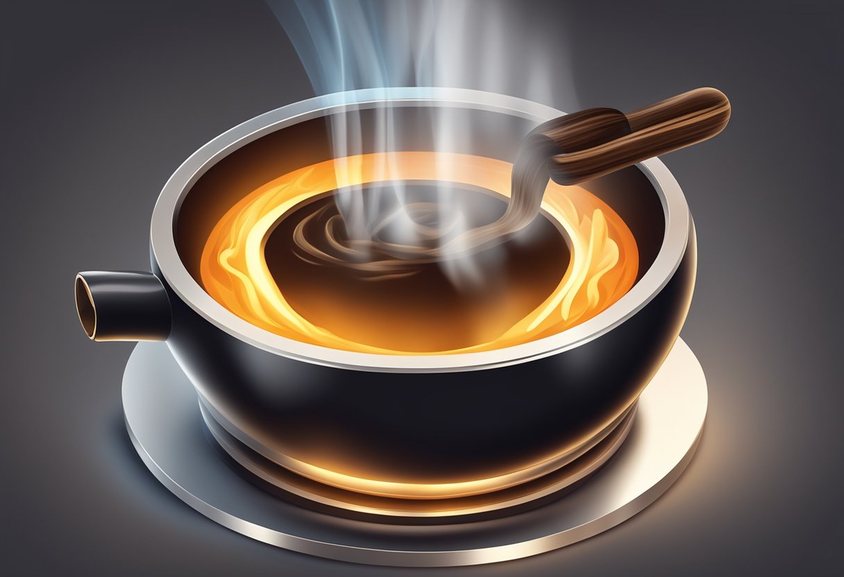 A coffee bean being roasted to a dark, glossy finish in a rotating drum over an open flame