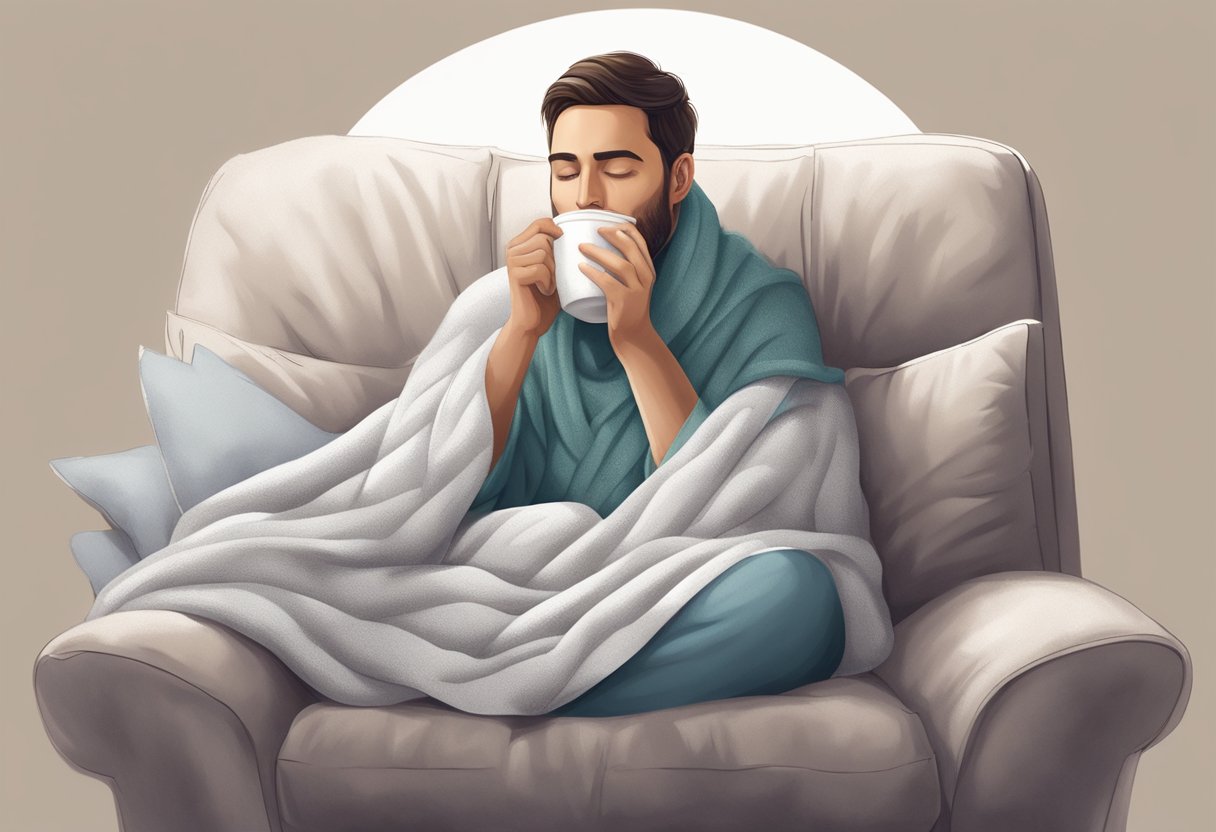 A person holding a warm cup of coffee with a gauze pad over their mouth, sitting in a comfortable chair, surrounded by soft blankets and pillows