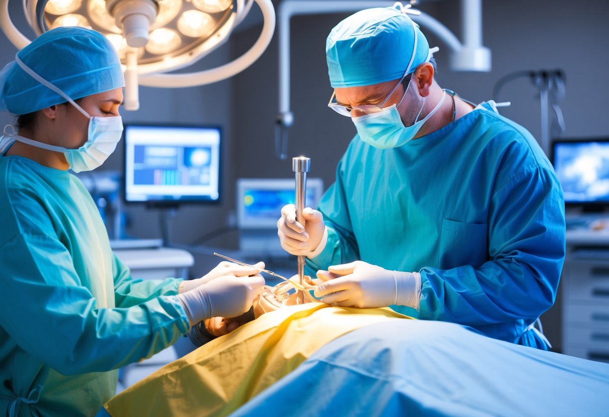 A surgeon carefully inserts a small instrument into the spine, removing tissue to relieve pressure on the nerve roots. The patient is surrounded by advanced medical equipment in a modern operating room