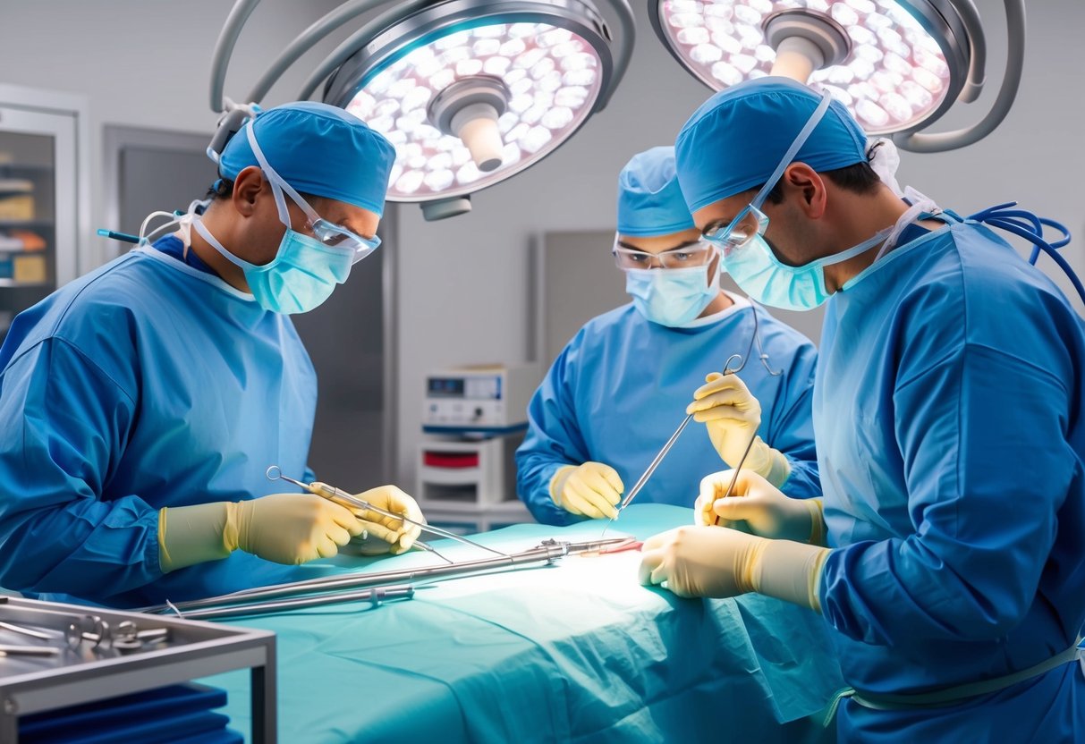 A surgeon performing minimally invasive foraminal stenosis surgery using specialized tools in a sterile operating room