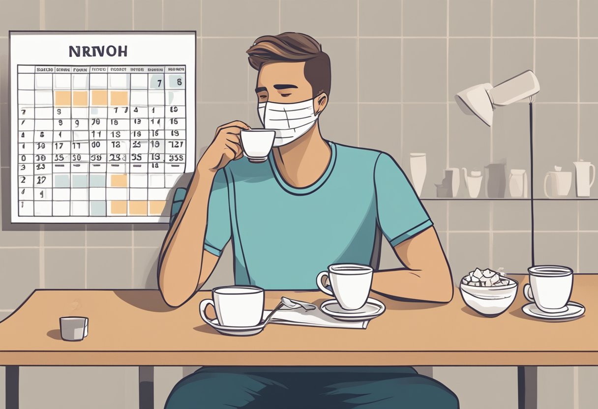 A person sitting at a table with a bandaged jaw, holding a cup of coffee, while a calendar on the wall shows the date of their wisdom teeth removal