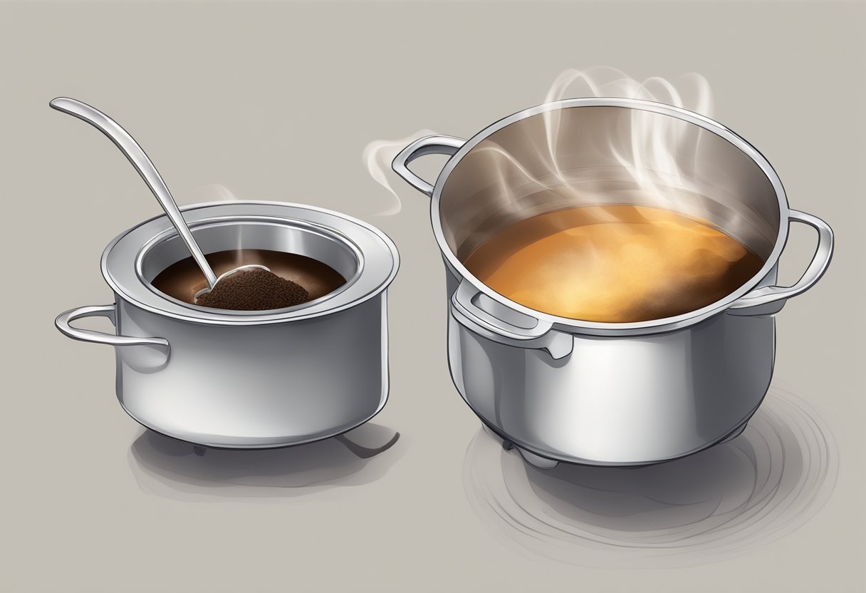 A pot of boiling water with coffee grounds floating inside, a spoon for stirring, and a heat source underneath