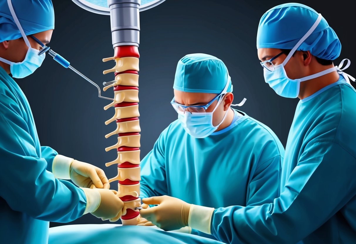 A surgeon performing decompression surgery on a spinal column to treat foraminal stenosis