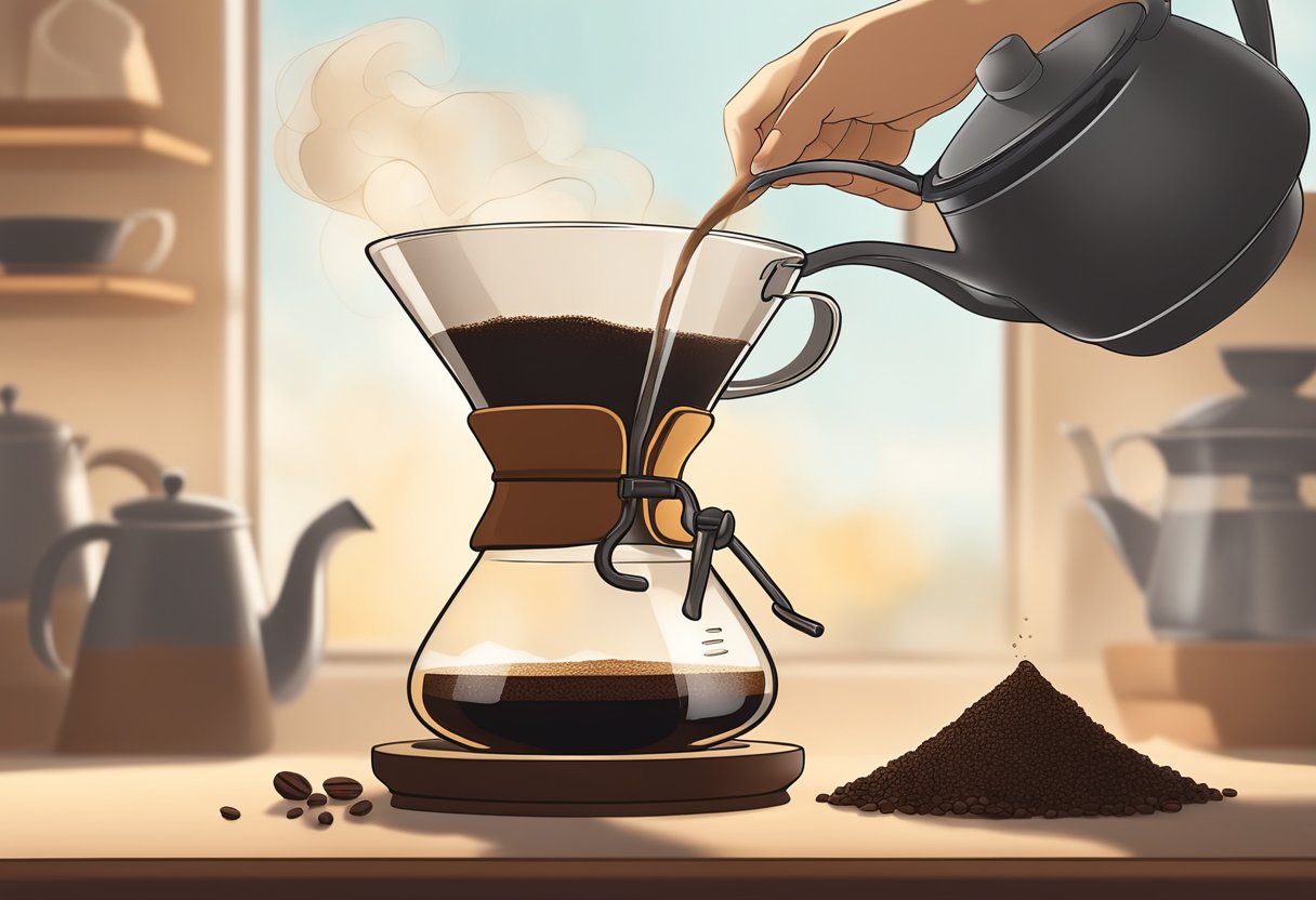 A hand pours hot water over a mound of coffee grounds in a glass Chemex, as steam rises and the aroma of freshly brewed coffee fills the air