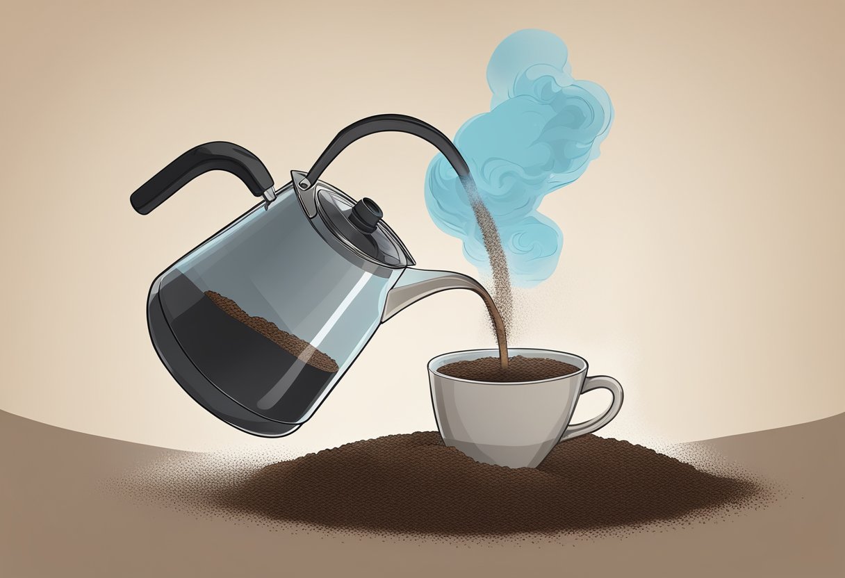 A hand pouring hot water over a mound of coffee grounds in a glass brewing vessel, with steam rising and a rich aroma filling the air