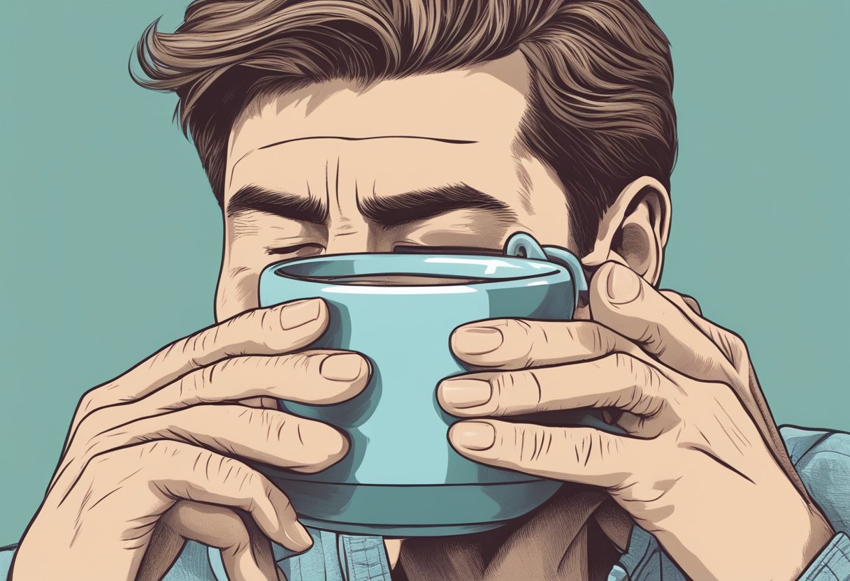 A person holding a cup of coffee and wincing in pain as they touch their swollen jaw