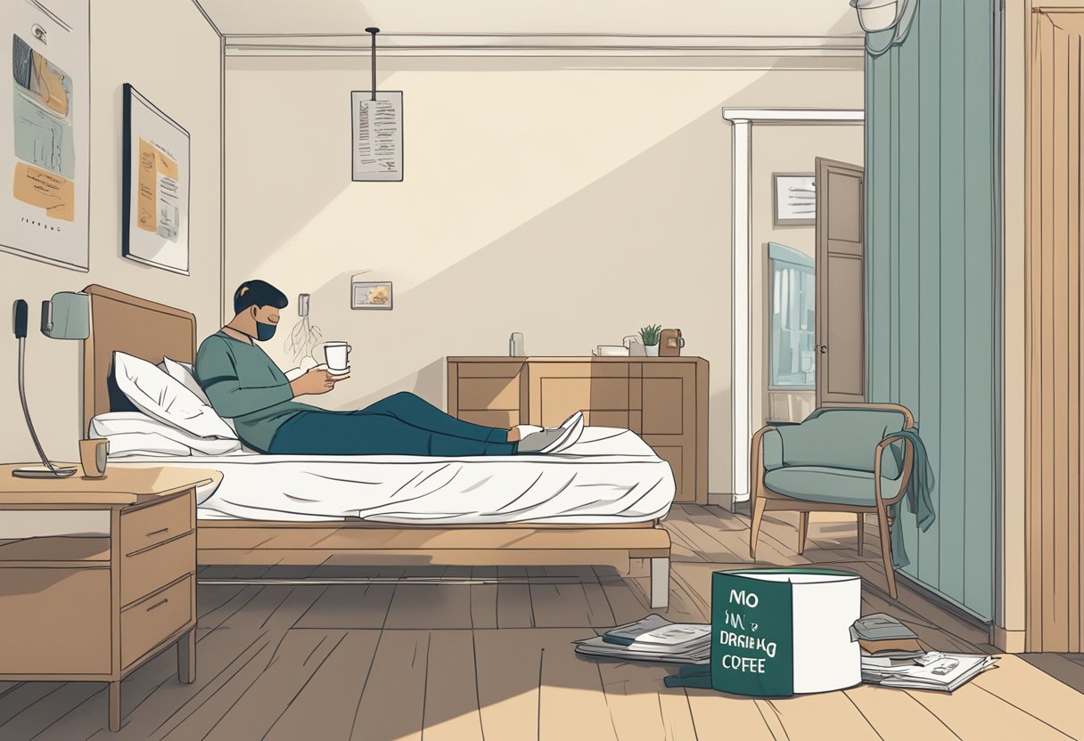 A steaming cup of coffee sits on a table next to a person resting in bed, with a sign reading "No drinking coffee after tooth extraction" on the wall