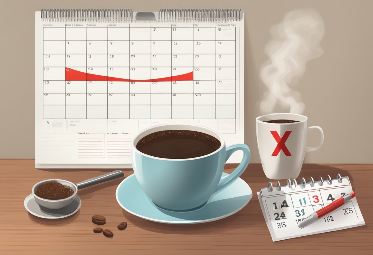 A steaming cup of coffee sits next to a calendar with a red X on the date of a tooth extraction