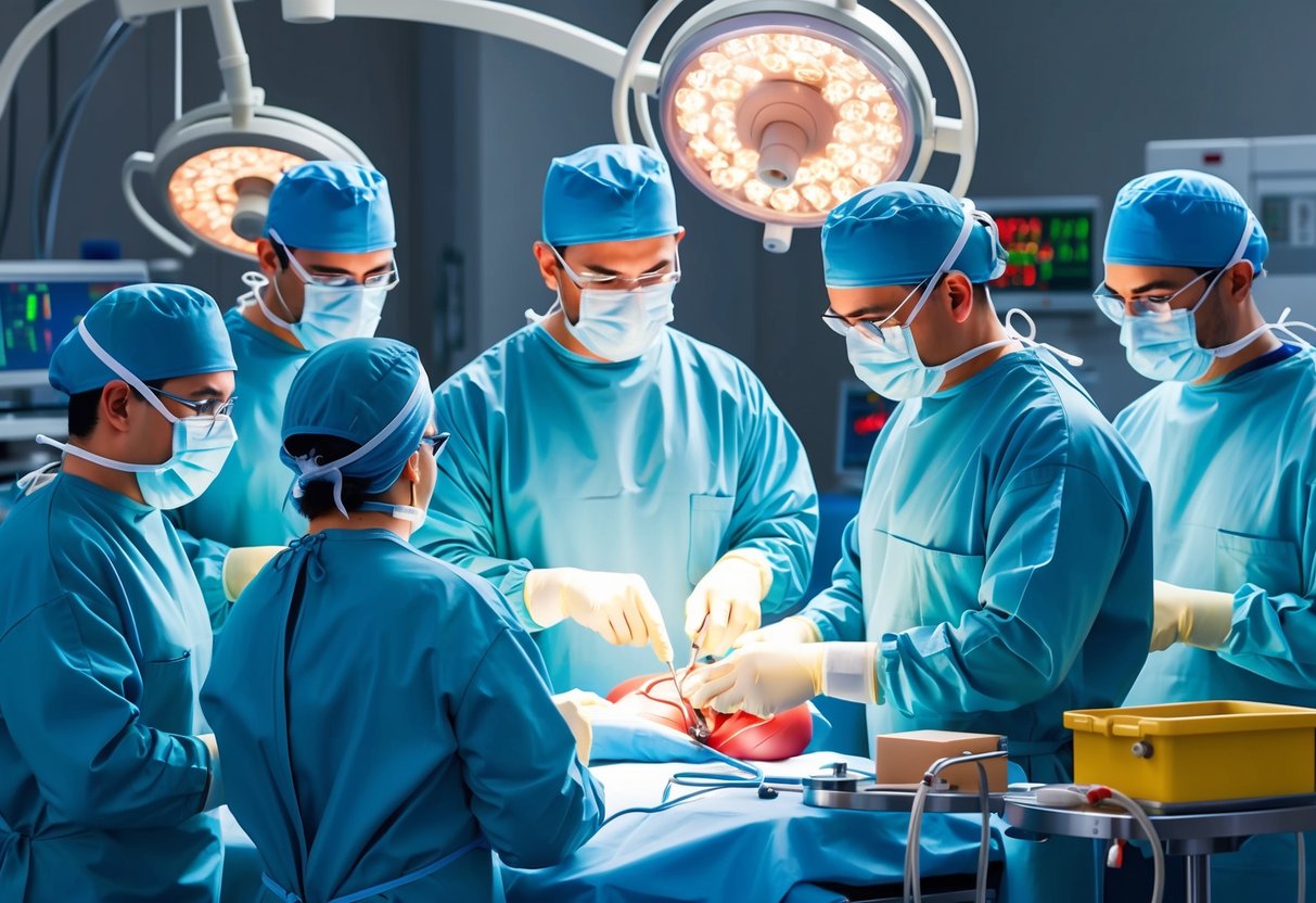 A surgeon performing foraminal stenosis surgery, surrounded by medical equipment and operating room staff