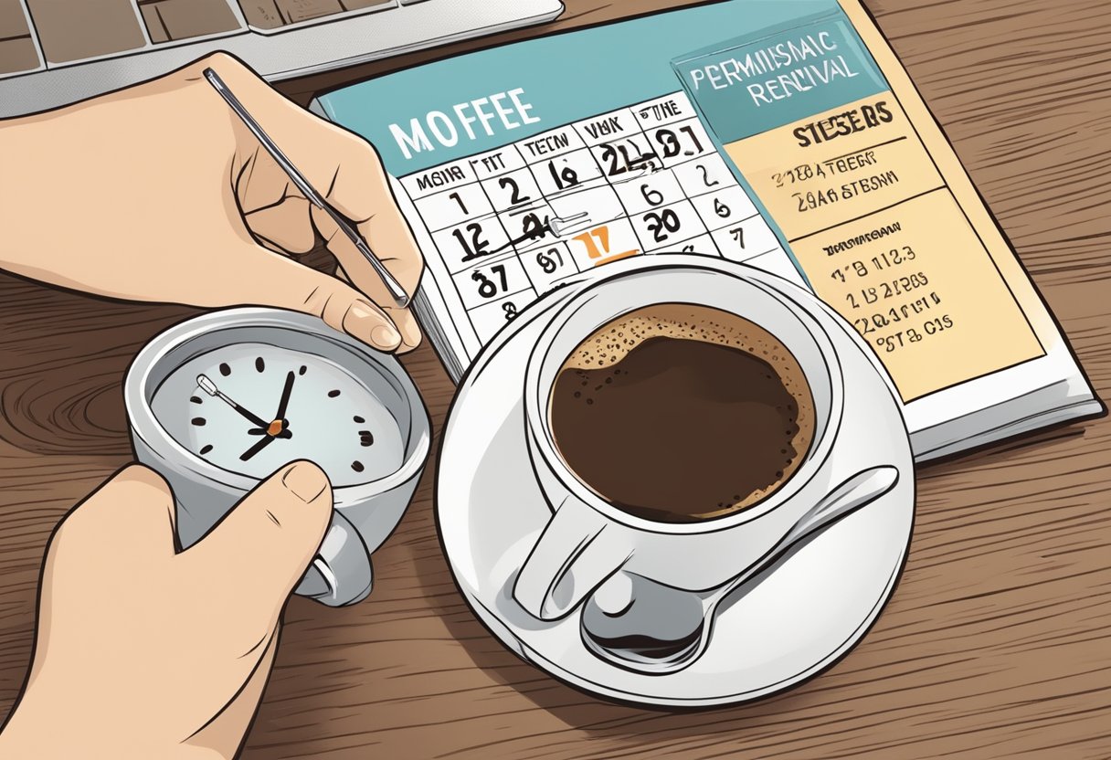 A person holding a cup of coffee, with a calendar showing the date of their wisdom teeth removal and a clock indicating the time for the next permissible coffee