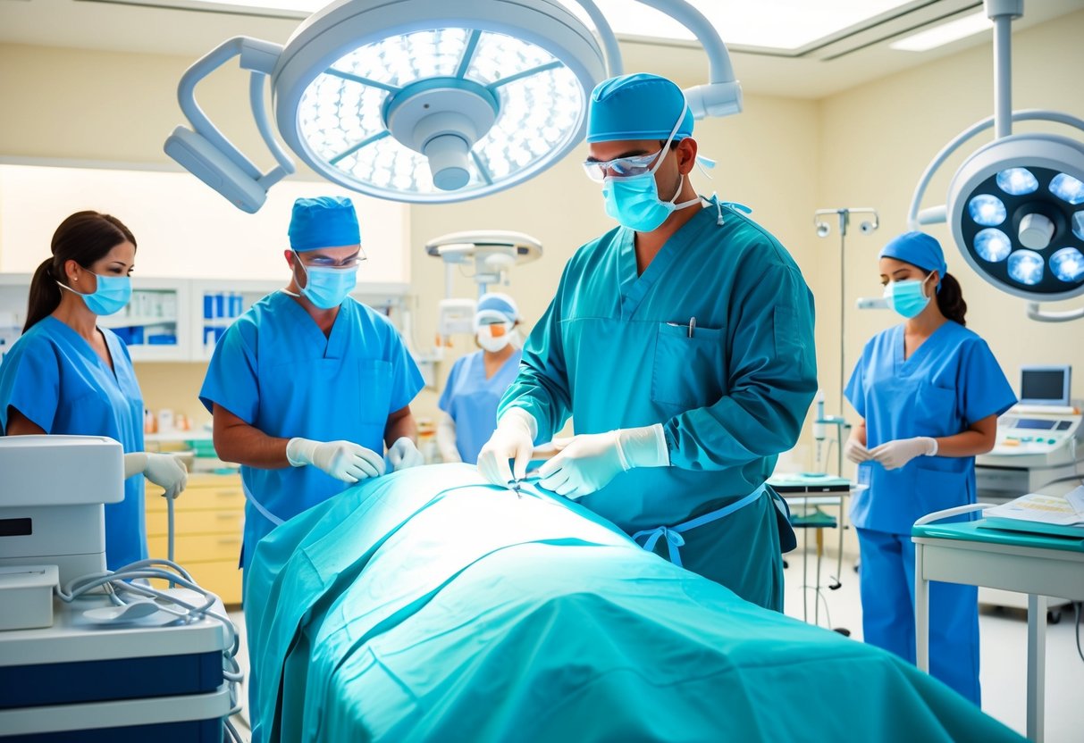 A surgeon in scrubs and mask performing foraminal stenosis surgery in a brightly lit operating room, surrounded by medical equipment and assistants