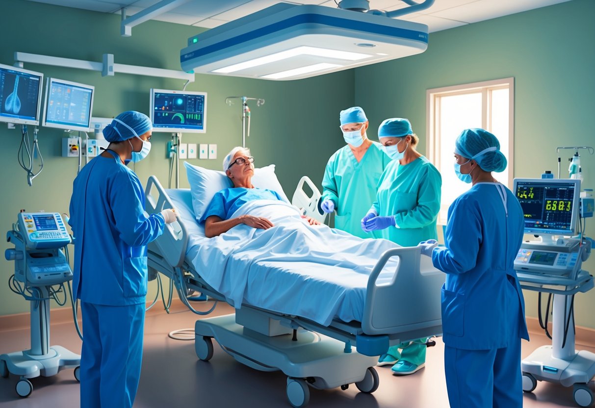 A patient in a hospital bed, surrounded by medical equipment and a team of healthcare professionals monitoring their recovery from foraminal stenosis surgery