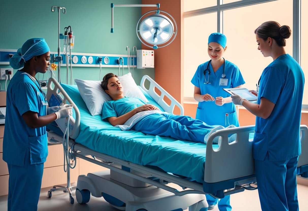 A person is shown resting in a hospital bed, surrounded by medical equipment and receiving care from attentive medical staff