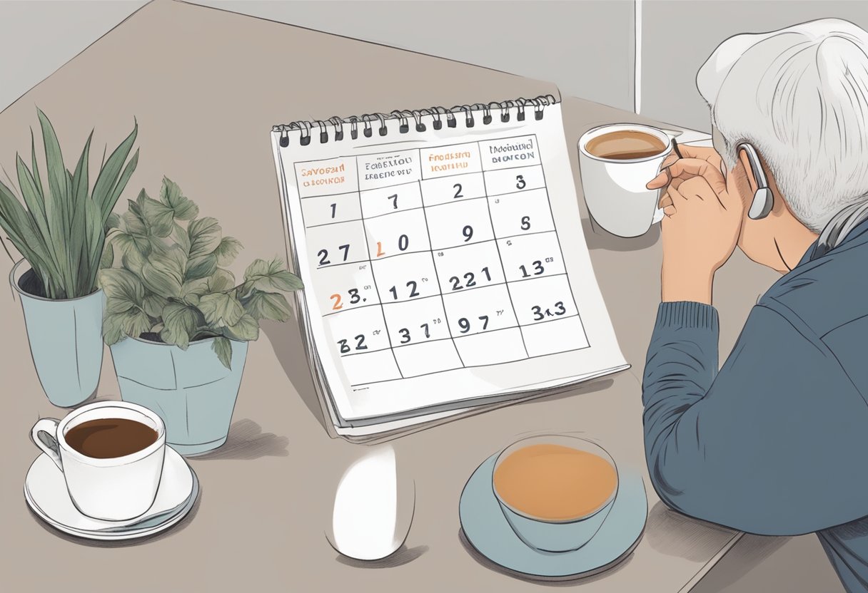 A person sitting at a table with a cup of coffee, looking at a calendar with a red circle around a date several days after their wisdom teeth removal