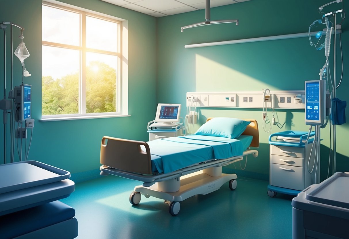 A serene recovery room with a patient's bed surrounded by medical equipment and a window with sunlight streaming in