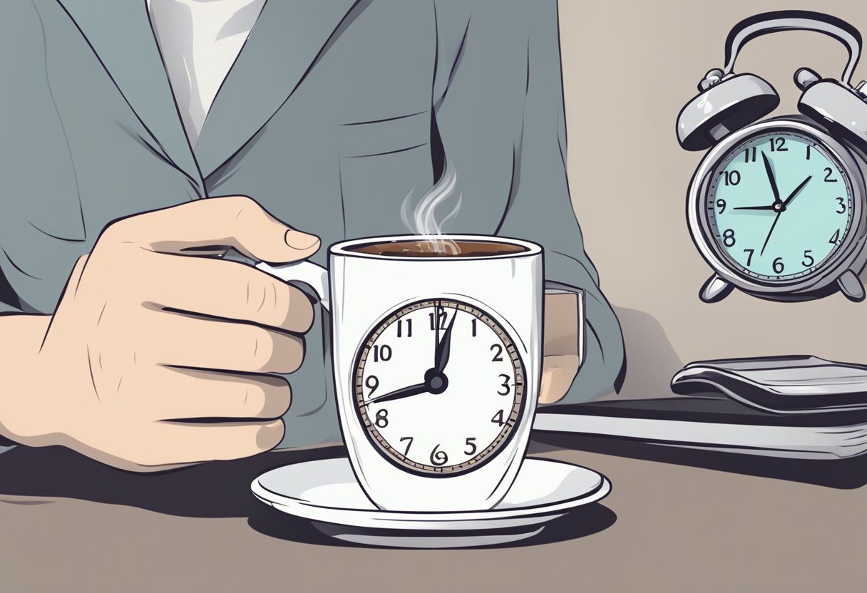 A person holding a cup of coffee, with a clock showing a time that is several hours after their wisdom teeth removal