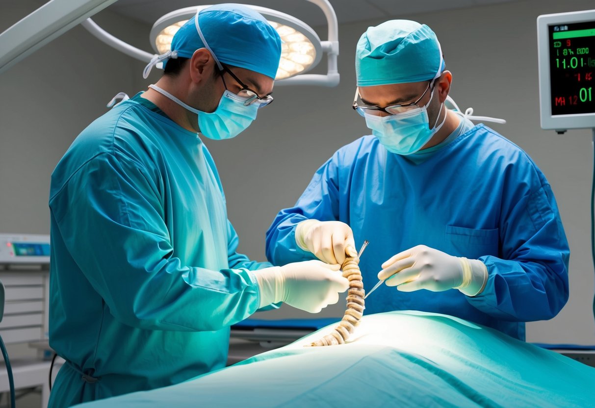 A surgeon carefully removes bone spurs from a spinal nerve, while another monitors the patient's vital signs