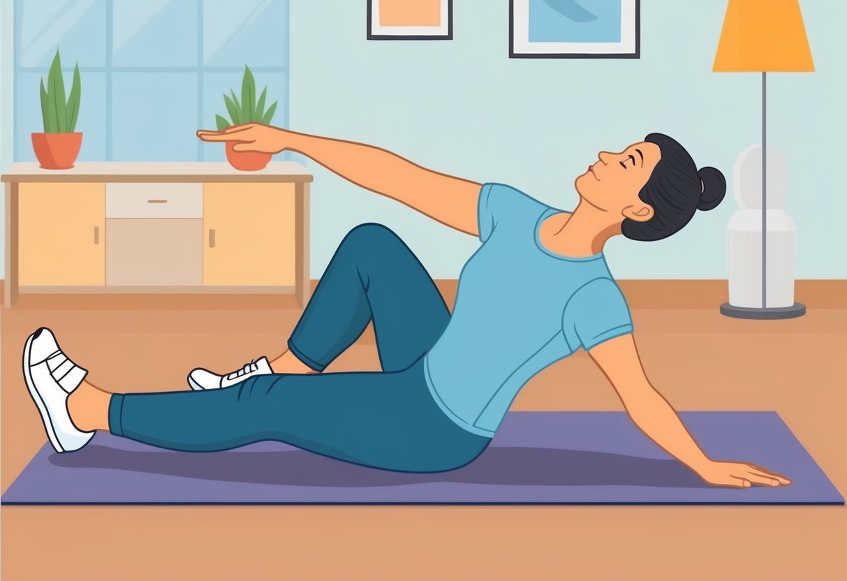 A person performing stretching and strengthening exercises in a home setting to manage foraminal stenosis