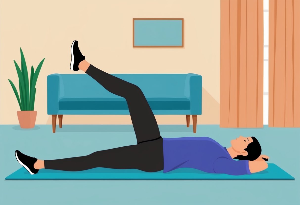 A person performing stretching and strengthening exercises at home to manage foraminal stenosis