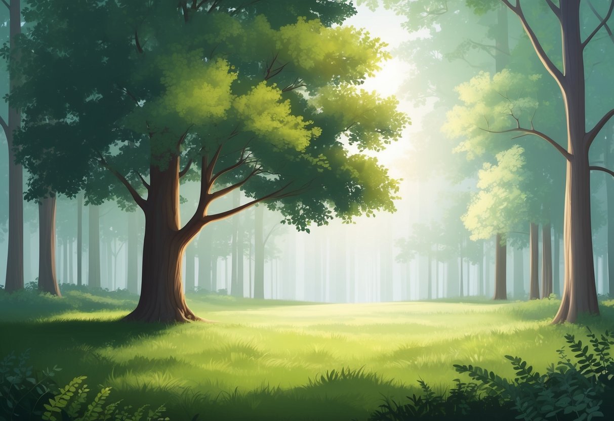 A serene forest clearing with a lone tree, surrounded by gentle sunlight and a calm, peaceful atmosphere