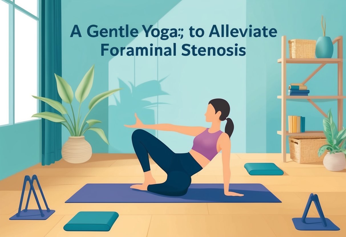 A serene yoga studio with props for support, a person in a gentle yoga pose to alleviate foraminal stenosis