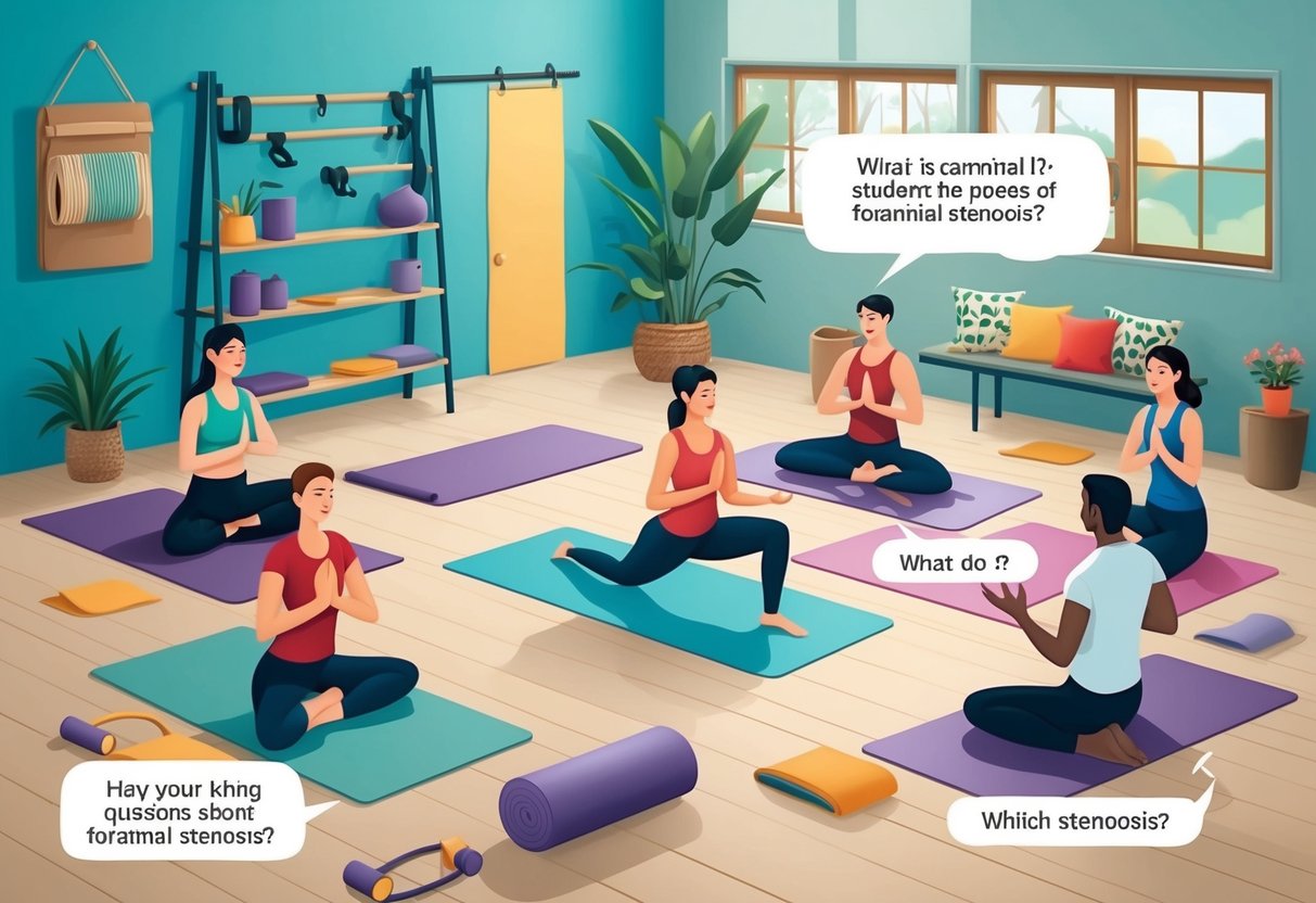 A serene yoga studio with props and mats, a teacher demonstrating poses, and students asking questions about foraminal stenosis