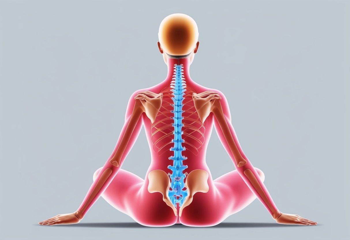 A figure sitting with straightened spine and aligned shoulders, with a focus on the neck and lumbar region