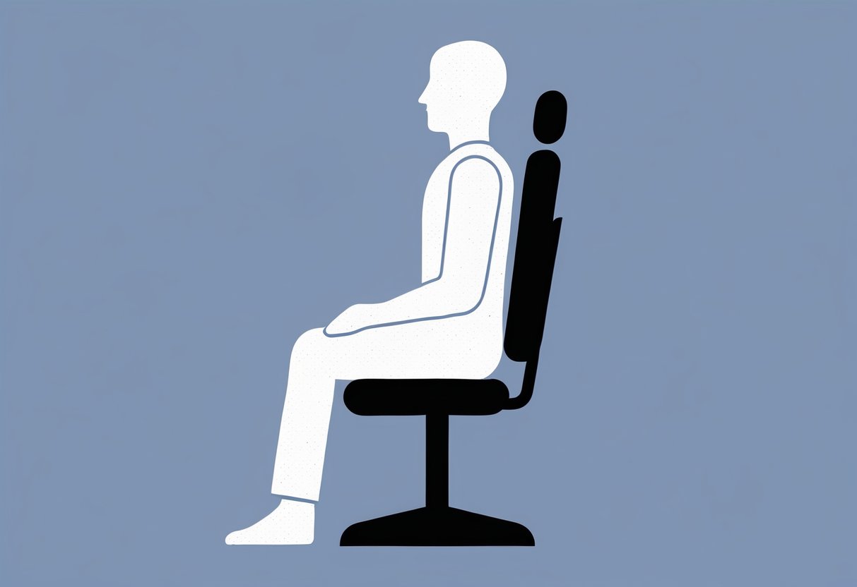 A figure sitting upright in a chair, with the spine straight and shoulders relaxed. The head is in line with the body, and the feet are flat on the ground