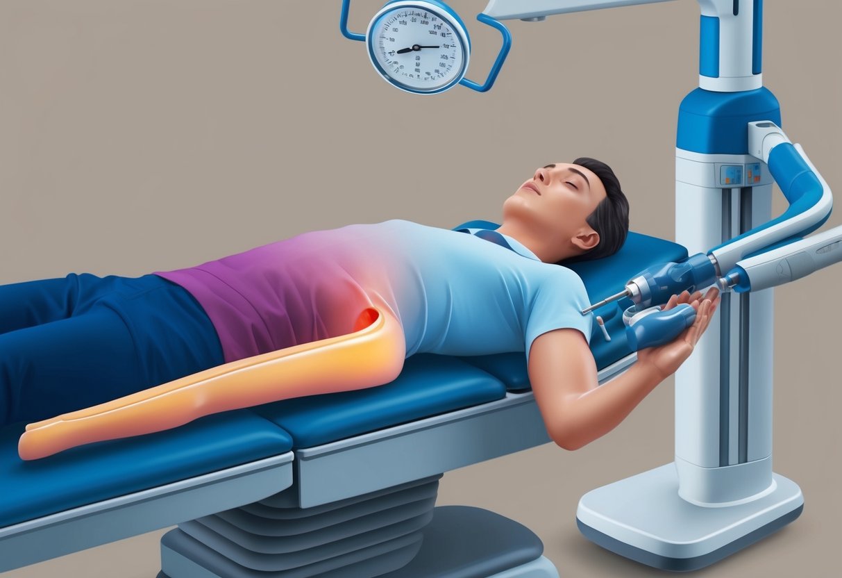 A person lying on a treatment table, receiving advanced therapy for foraminal stenosis