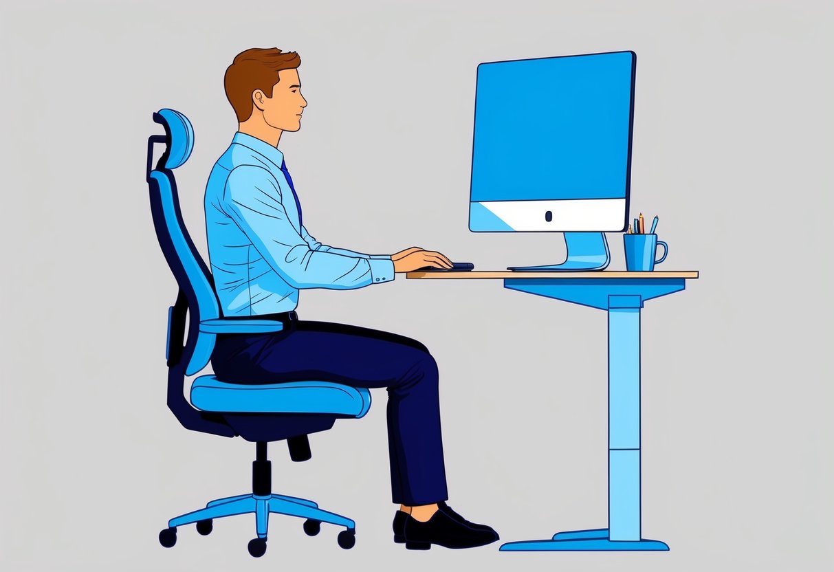 A person sitting in an ergonomic chair with proper lumbar support and using a standing desk with a monitor at eye level