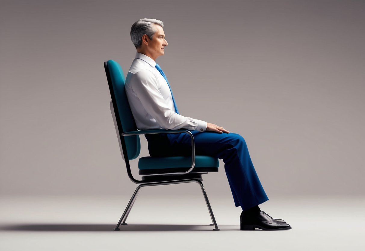 A figure sitting in a chair with proper posture, back straight, shoulders relaxed, and head aligned with the spine