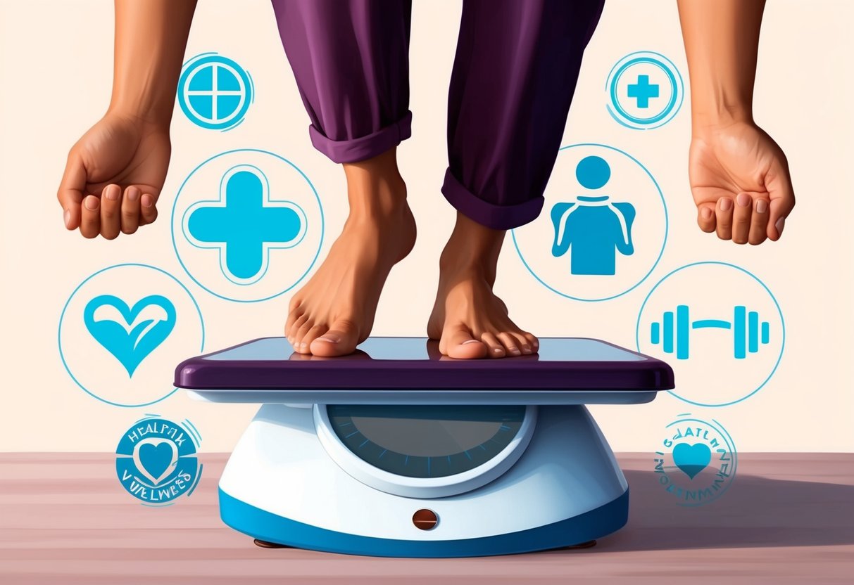 A person stepping on a scale with a relieved expression, surrounded by symbols of health and wellness