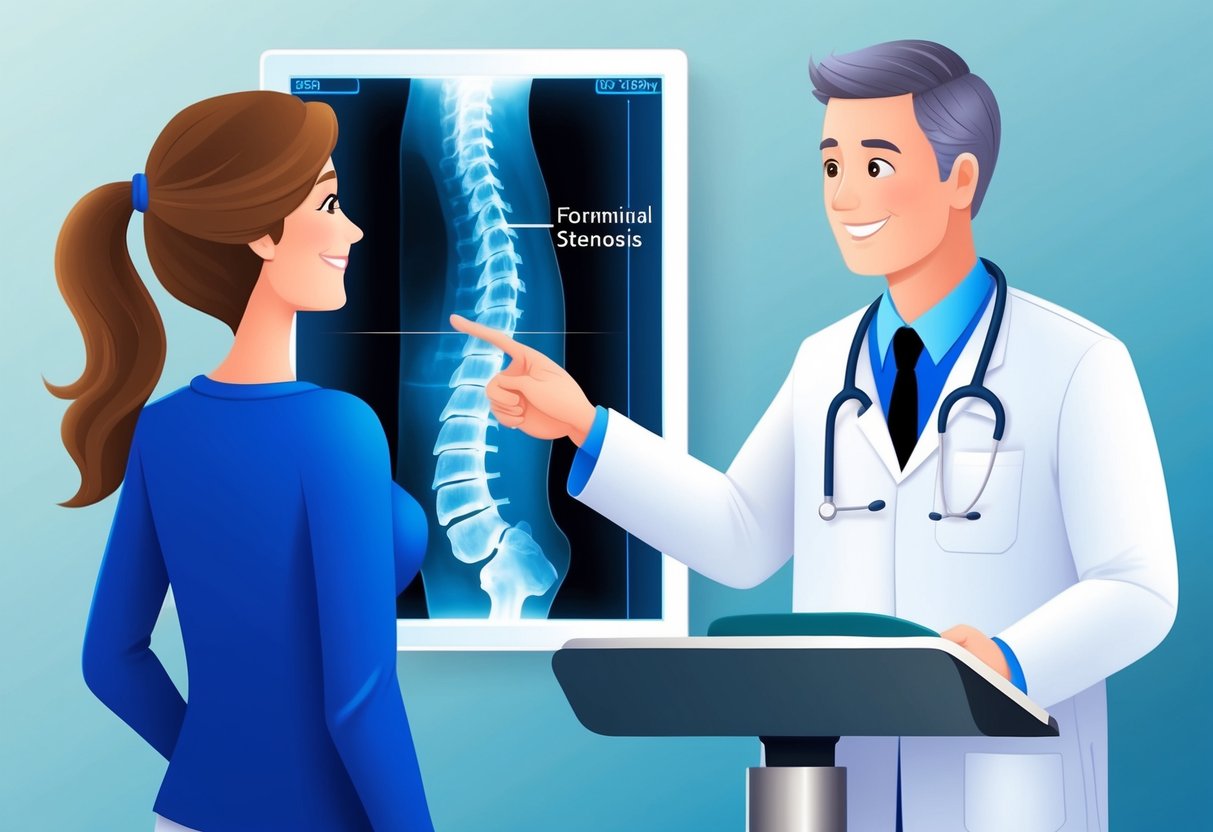 A doctor examining an X-ray of the spine, pointing to the area of foraminal stenosis. A patient is standing on a scale, looking pleased with their weight loss