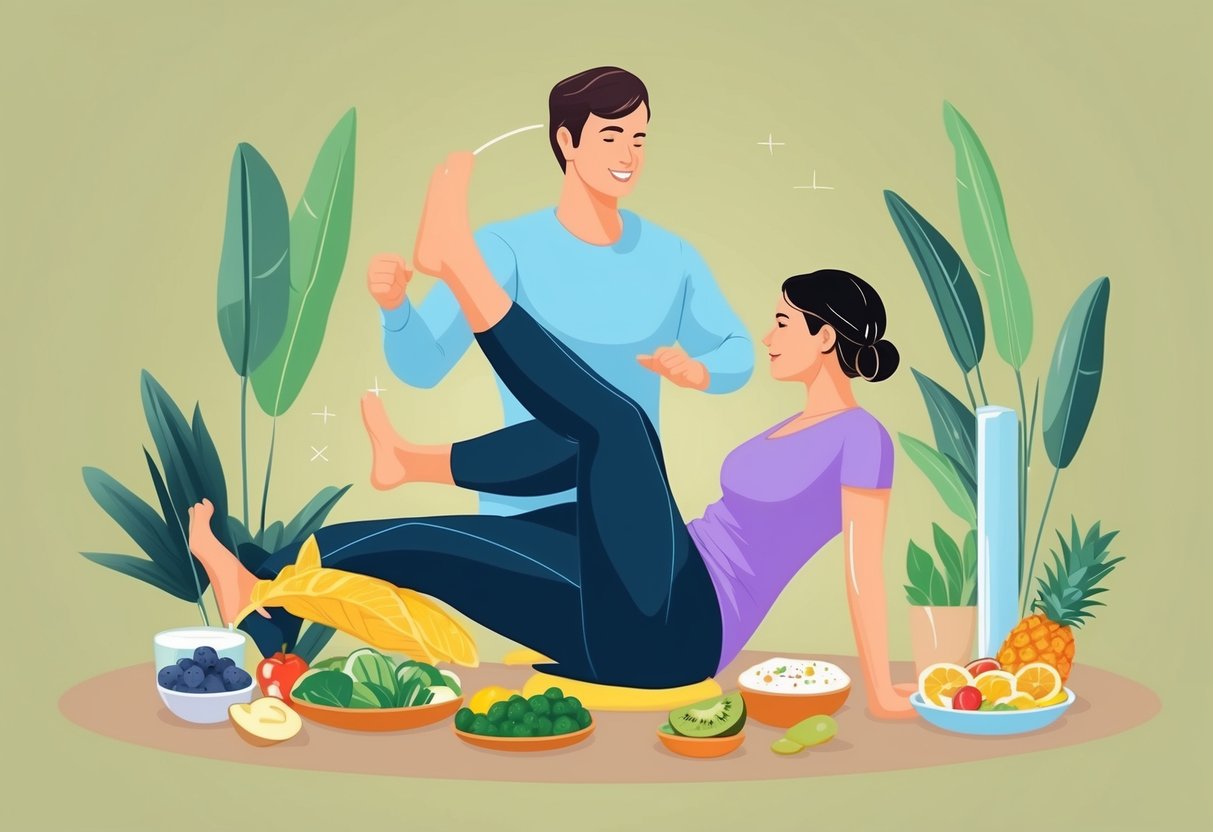 A person engaging in low-impact exercise, surrounded by healthy food and receiving physical therapy for back pain relief