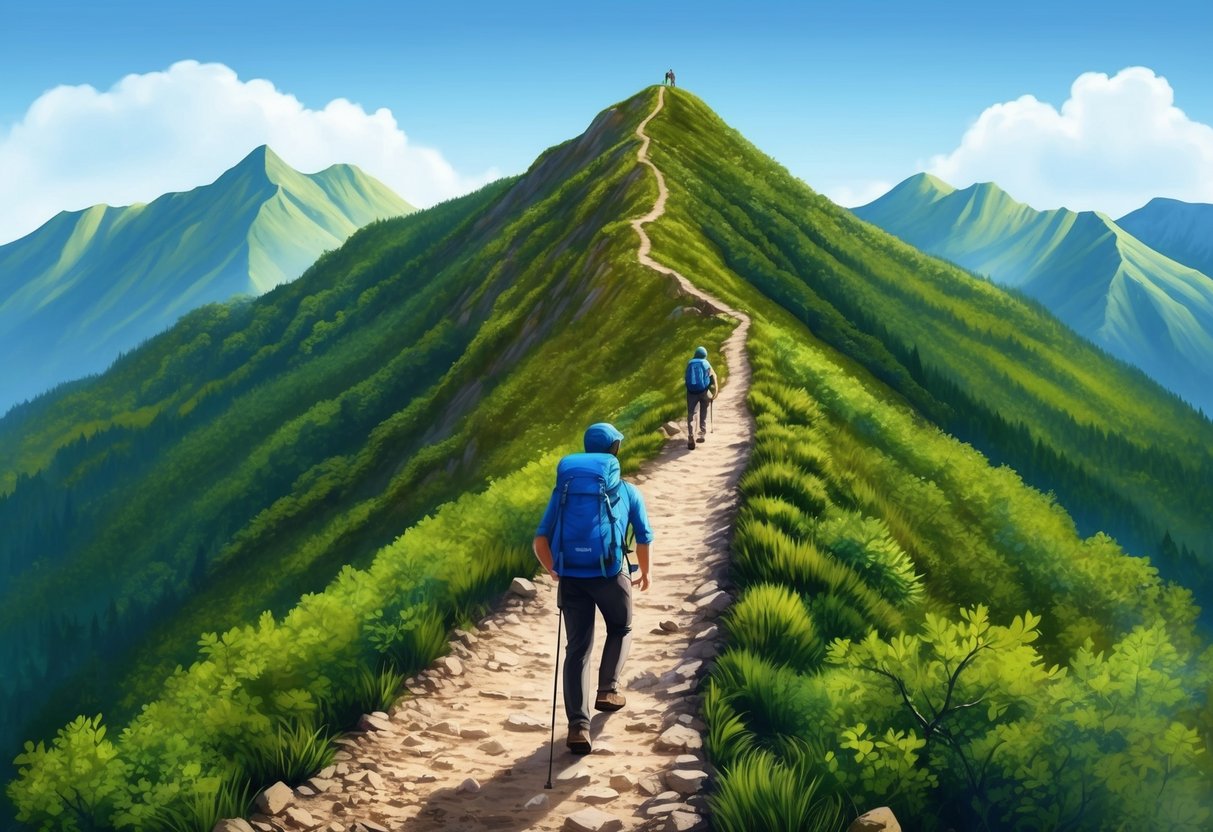 A person hiking up a steep mountain trail, surrounded by lush greenery and a clear blue sky above