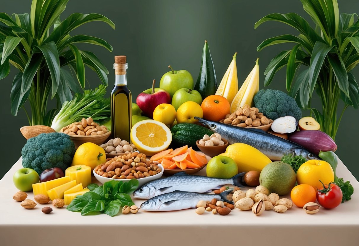 A colorful array of fruits, vegetables, nuts, and fish arranged on a table, surrounded by green leafy plants and a bottle of olive oil