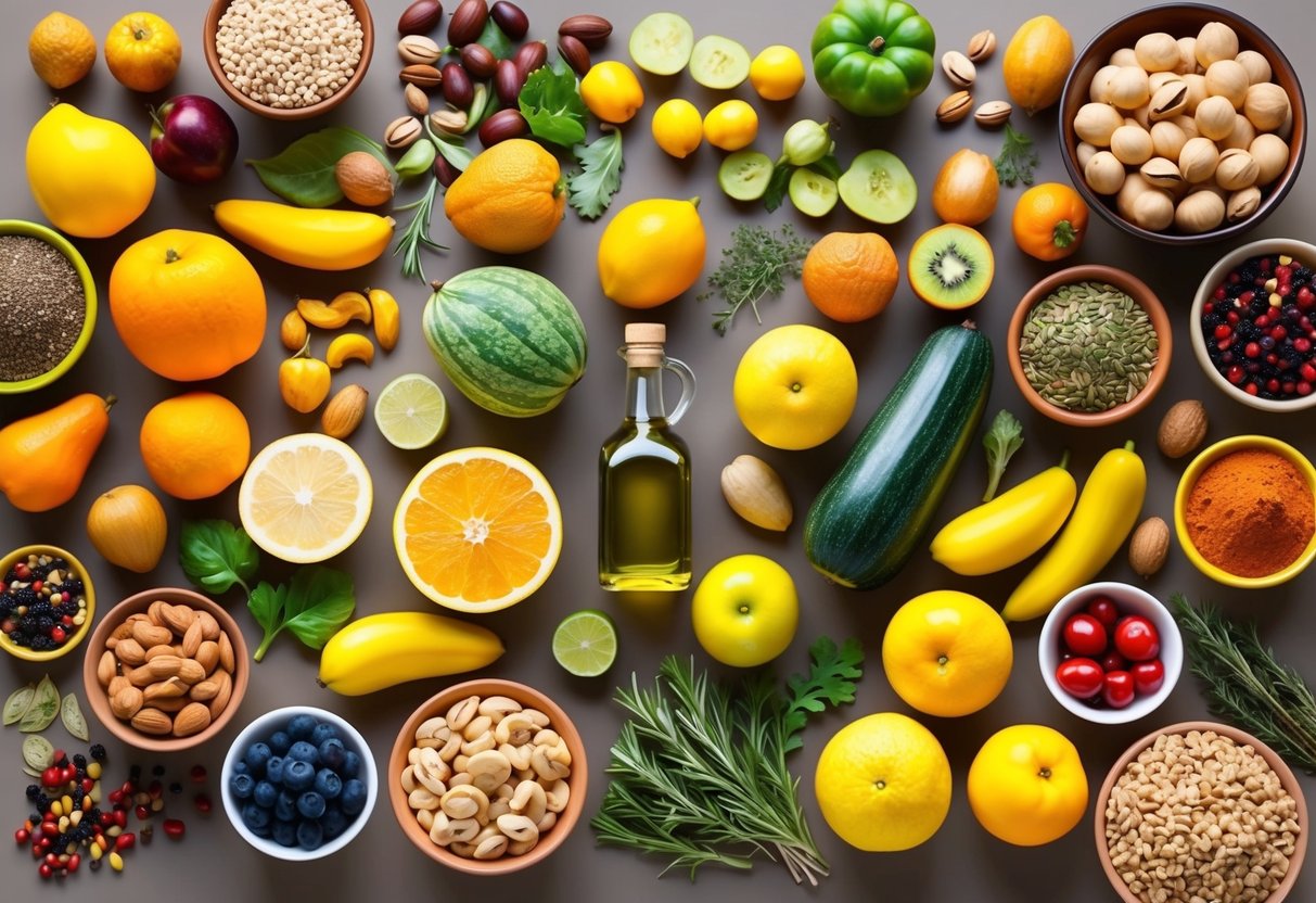 A colorful array of fruits, vegetables, nuts, and seeds arranged on a table, with a bottle of olive oil and a variety of herbs and spices nearby