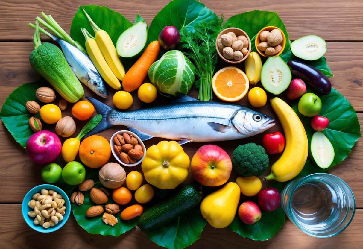 A colorful array of fruits, vegetables, nuts, and fish arranged on a wooden table, surrounded by vibrant green leaves and a clear glass of water